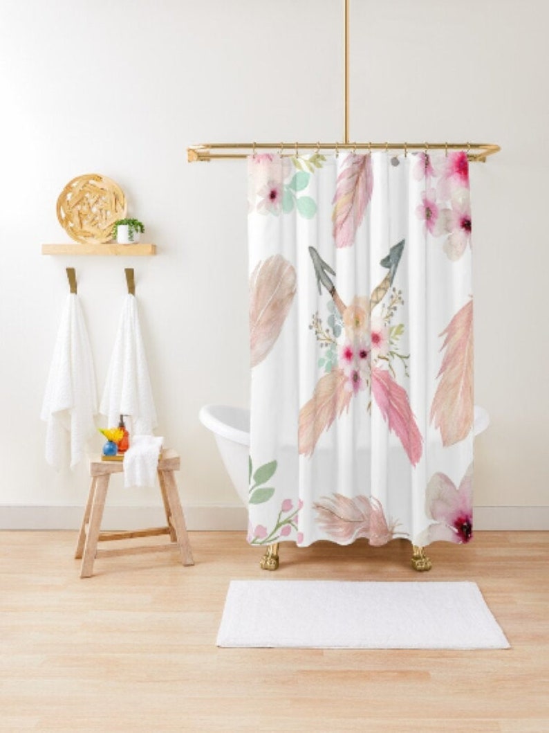 Pink Floral watercolor Boho Shower Curtain Modern Feminine Etsy