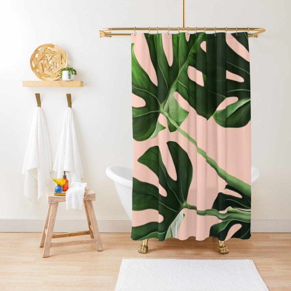Monstera Shower Curtain Boho Shower Curtain Tropical Palm Etsy