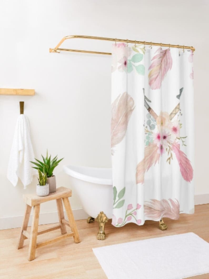 Pink Floral watercolor Boho Shower Curtain Modern Feminine Etsy