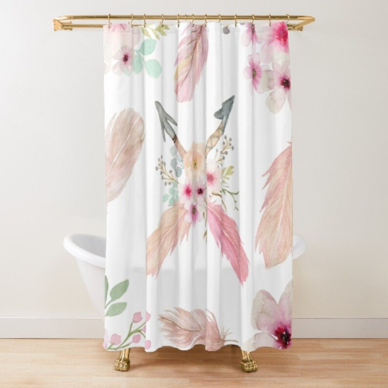 Pink Floral watercolor Boho Shower Curtain Modern Feminine Etsy