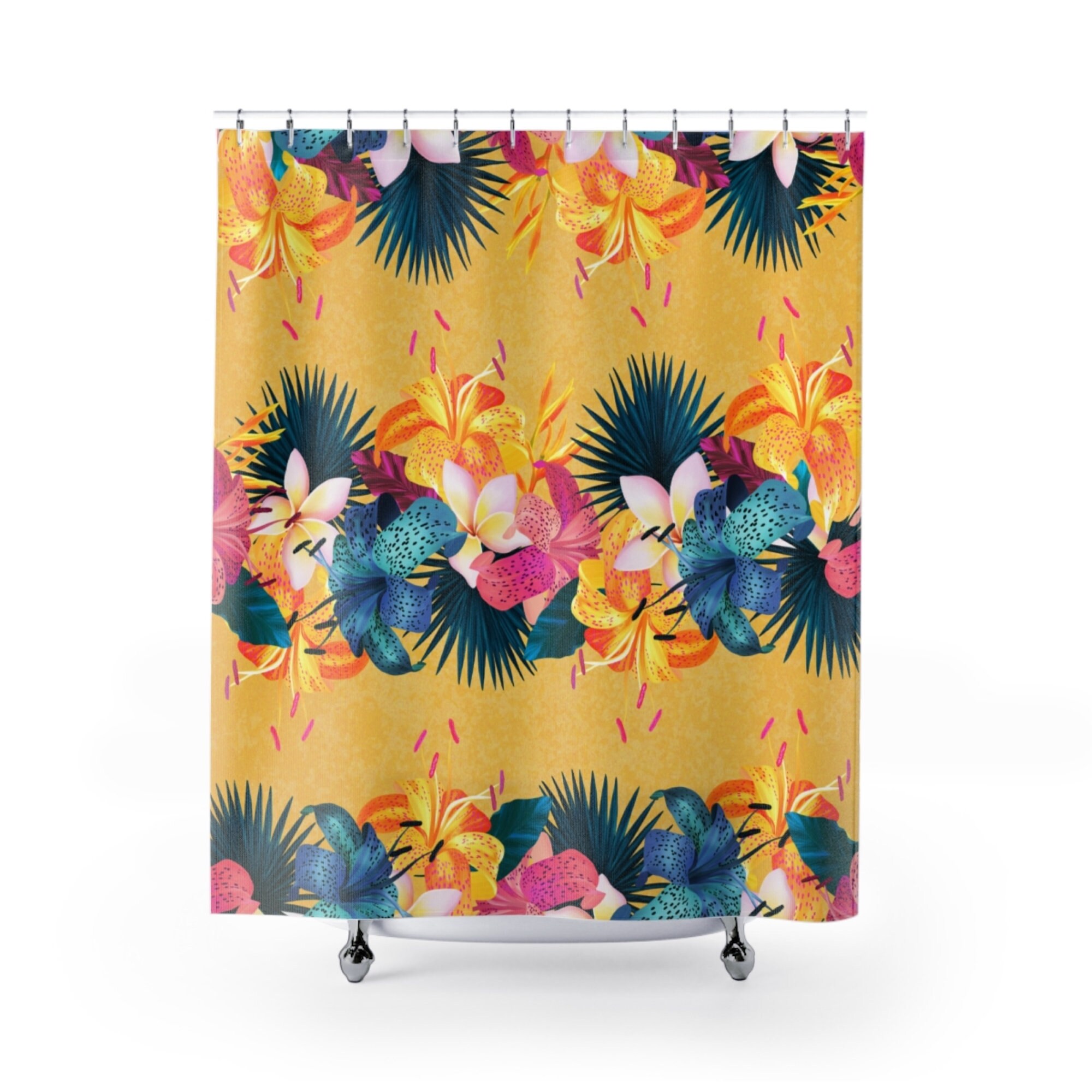 Yellow Tropical Leaves Shower Curtain Tropical Leaf Decor Etsy