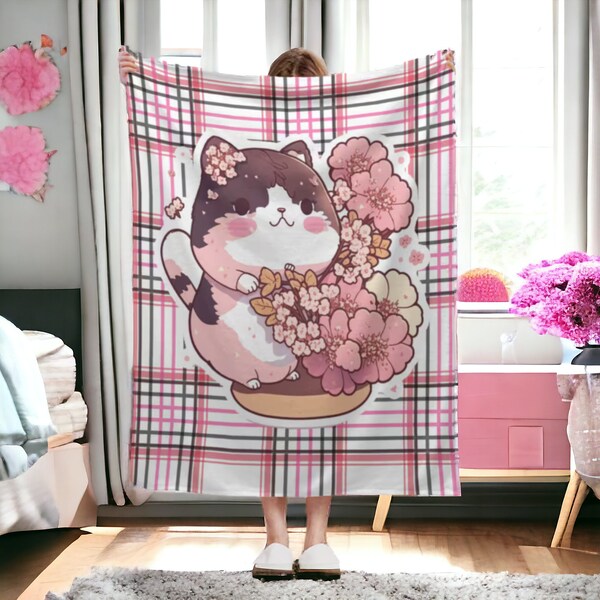 Kawaii Pink Plaid Fat Cat Sherpa Throw Blanket - Perfect Back to School Gift & Dorm Decor for Girls, Birthday Gift For Daughter, Cat Lover