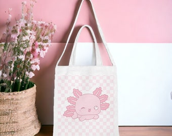 Art axolotl, sac fourre-tout rose, sac fourre-tout mignon, rose pastel, motif à carreaux, images d'animaux mignons, axolotl mignon, sac fourre-tout rose, sac fourre-tout en toile