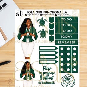 May include: A sticker sheet with an Iota Phi Lambda theme. The sheet includes stickers with illustrations of a woman, turtles, and floral designs. Text includes "IOTA GIRL FUNCTIONAL_A", "Pure in purpose. Brilliant in business."