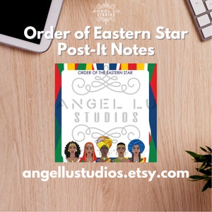 May include: A set of printable Post-It notes featuring the Order of the Eastern Star logo and the text "ANGEL LU STUDIOS". The notes are designed to look like the flags of different countries. The website address "angellustudios.etsy.com" is also included.