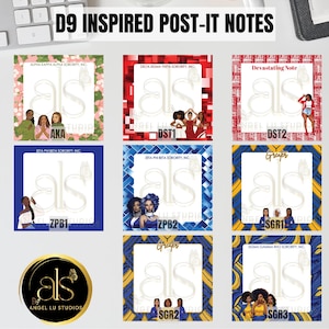 May include: Nine colorful post-it note templates featuring a white silhouette of a butterfly with the text "als" in a white circle. Each template has a different sorority name and abbreviation, such as "AKA", "DST1", "ZPB1", "SGR1", and "SGR3".