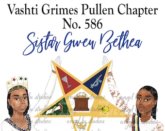 May include: A white background with a five-pointed gold star with a red, blue, and green point. The star is surrounded by two women in white robes with gold sashes. The text "Order of the Eastern Star" is at the top of the image. The text "Vashti Grimes Pullen Chapter No. 586" is below the star. The text "Sister Gwen Bethea" is below the chapter number.