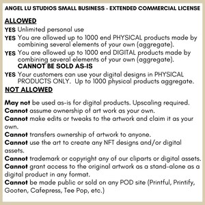May include: A white and black text document titled "ANGEL LU STUDIOS SMALL BUSINESS - EXTENDED COMMERCIAL LICENSE". The document outlines usage permissions, including personal use and commercial use for up to 1000 physical and digital products.