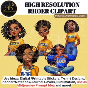 Downloads digitais, clipart do 5 Rhoer Club, adesivos, copos, planejadores, mulheres negras, sublimação, camisetas, cadernos, uso comercial