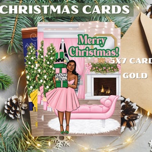 Tarjetas navideñas mágicas de Black Girl: verde y blanco, rosa y verde, rojo y blanco, azul y blanco, azul y dorado, de 5 x 7 pulgadas.