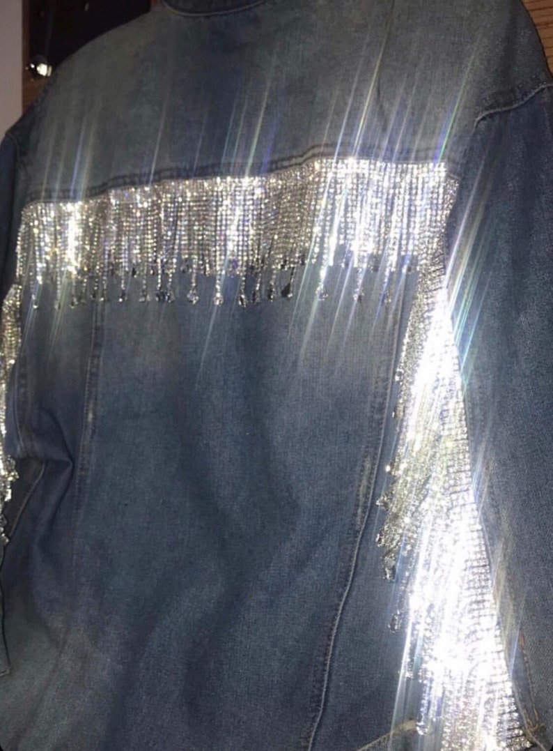 Rhinestone Fringe Jean Jacket Etsy