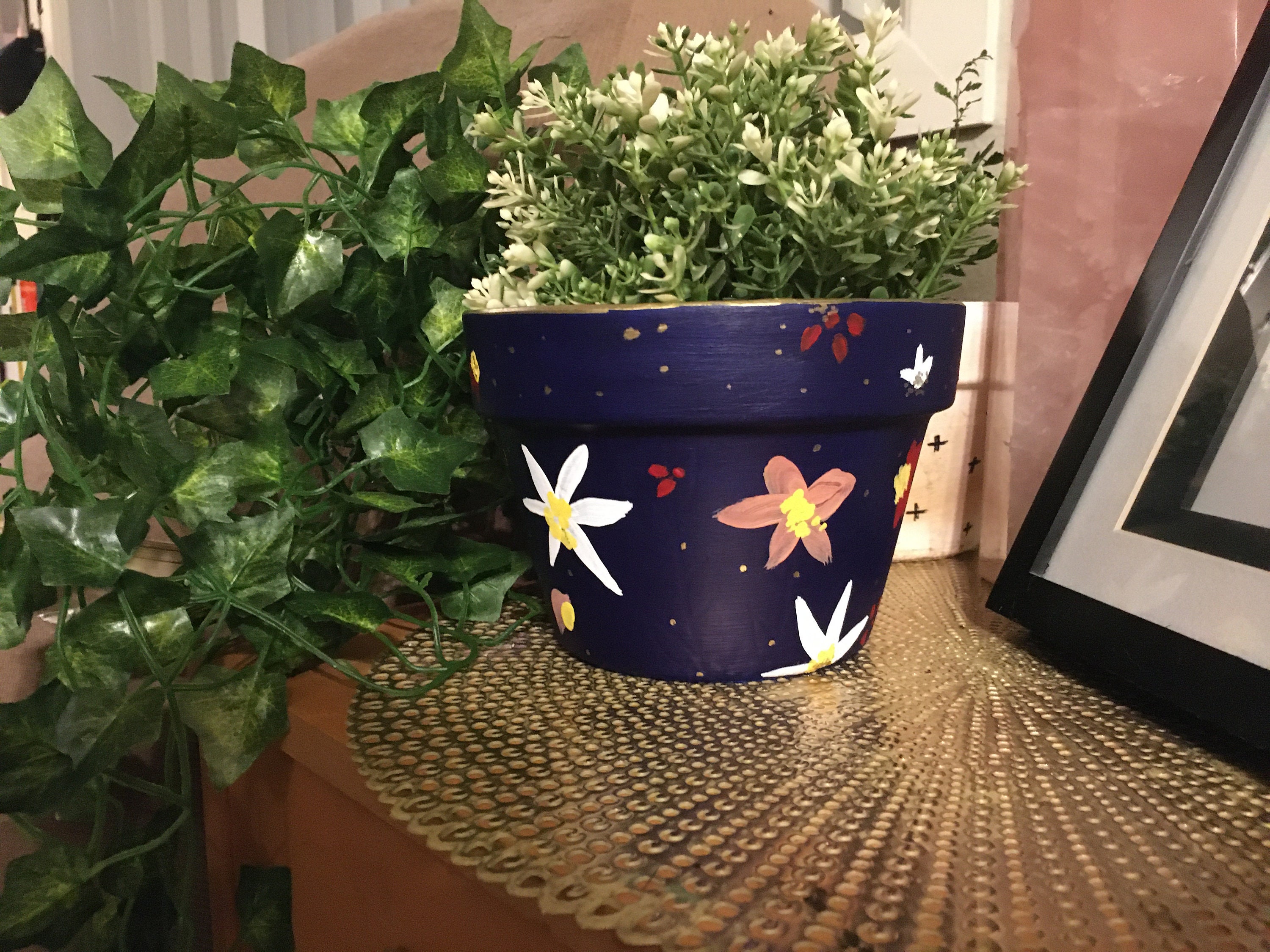 HANDPAINTED FLOWER PLANTER Navy Blue Floral Planter Hand Etsy