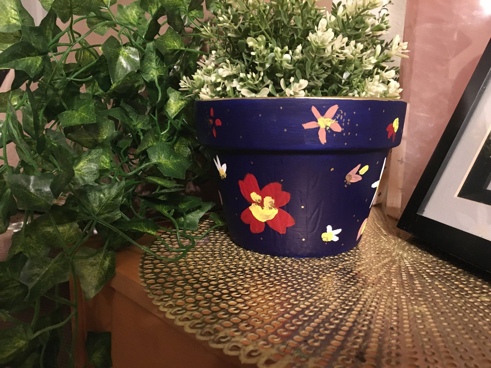 HANDPAINTED FLOWER PLANTER Navy Blue Floral Planter Hand Etsy