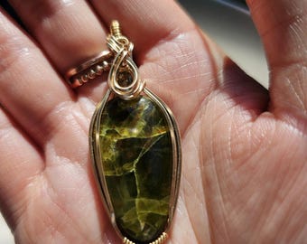 Green Opal Necklace with Moldavite Accent: Gold-Plated Wire Wrapped