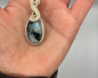 Silver Hand-Wrapped Moonstone Pendant with Natural Black Tourmaline Intrusions
