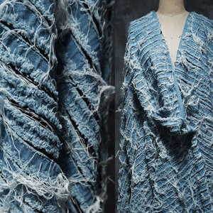 Creative 3D raw edge fabric, Blue denim fabric, Tassel fabric, Tattered denim fabric, Thick cotton fabric, Designer fabric, by the meter,D60