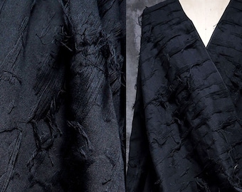 Tattered Jacquard Textured Fabric, Black Fabric, Washed