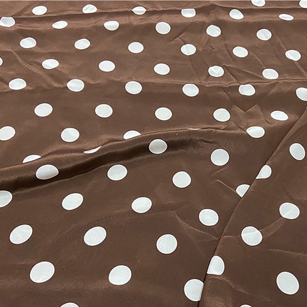 Brown pure mulberry silk fabric, Silk Crepe de Chine fabric, White large polka dot dress fabric, Wave point shirt fabric, by meter,B81