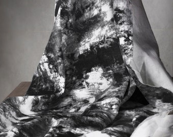 Zwartwitte met tie-dye bedrukte denimstof, katoendenimstof, stof met wolkengeverfde inkt, jeansstof, per meter, D615-1