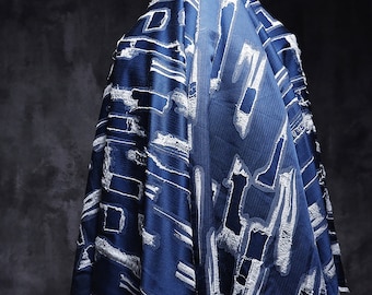 Blue jacquard texture fabric, Irregular ragged fabric, Denim fabric, Designer jeans fabric, Creative clothes, by the meter, D55-1