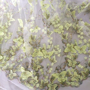 Embroidered lace fabric, Yellow Butterfly fabric, 3D Flower fabric, Perspective fabric, Elegant Dress fabric, Beautiful curtain fabric,C17-4