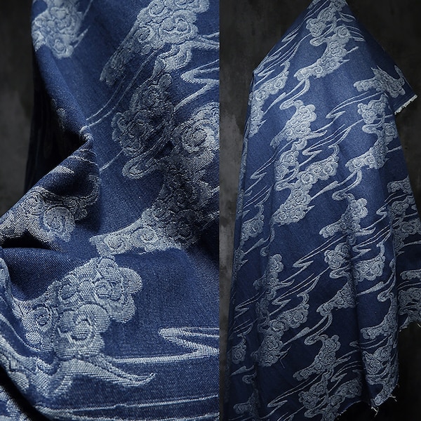 Tissu denim bleu, tissu de motifs de nuages de style chinois, tissu Cowboy, tissu de coton épais, tissu de veste Jacquard, par yard, D59