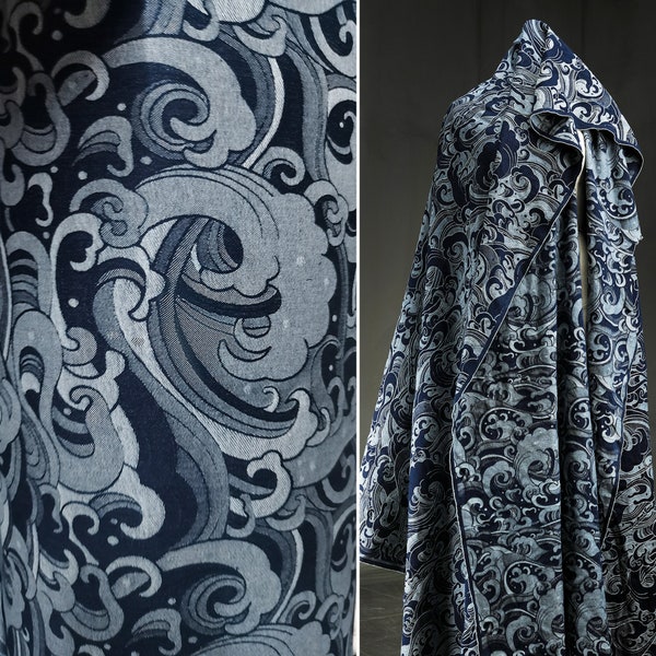 Dark blue wave  denim fabric, Jacquard texture fabric, Designer fabric, D208