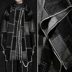 Black white large square denim fabric- Irregular square stitching fabric- Washed denim fabric- By the Meter- D597