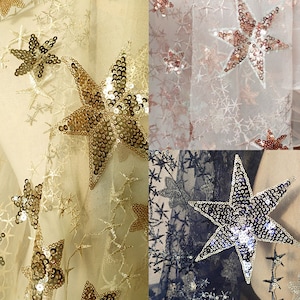 3 Color lace fabric, Star sequins fabric, Pentagram mesh fabric, Glitter curtain fabric, Shiny fabric, Bridal Dress fabric, by the yard, C08