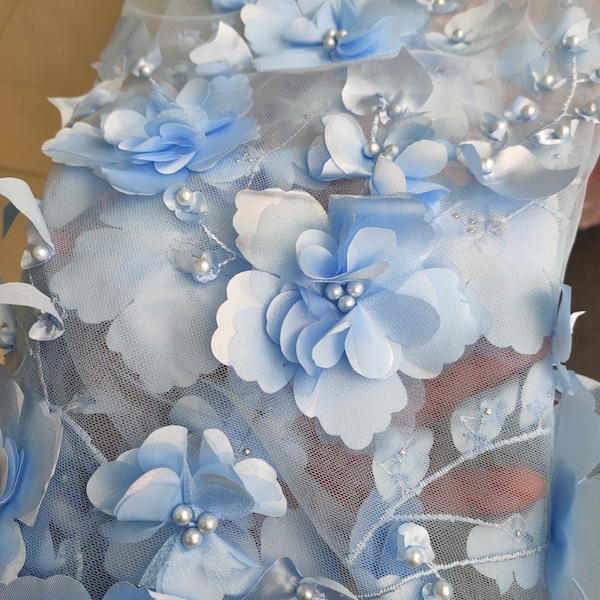 Tissu de dentelle de fleurs brodées, tissu de tulle bleu ciel 3D, tissu perlé, tissu de perspective, tissu de robe de mariée, au mètre/yard, C01-2