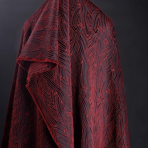 Jacquard rouge noir, tissu pur polyester, tissu à motif de lignes abstraites, tissu pour vêtement de haute qualité, tissu de créateur, par mètre, D623-1