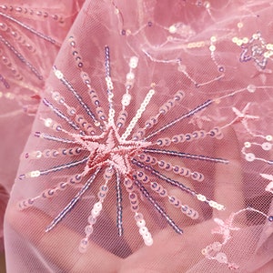 Peach pink sequins fabric, Moon mesh fabric, Stars lace fabric, Glitter curtain fabric, Shiny bridal Dress fabric, Reflective Fabric, C09-5