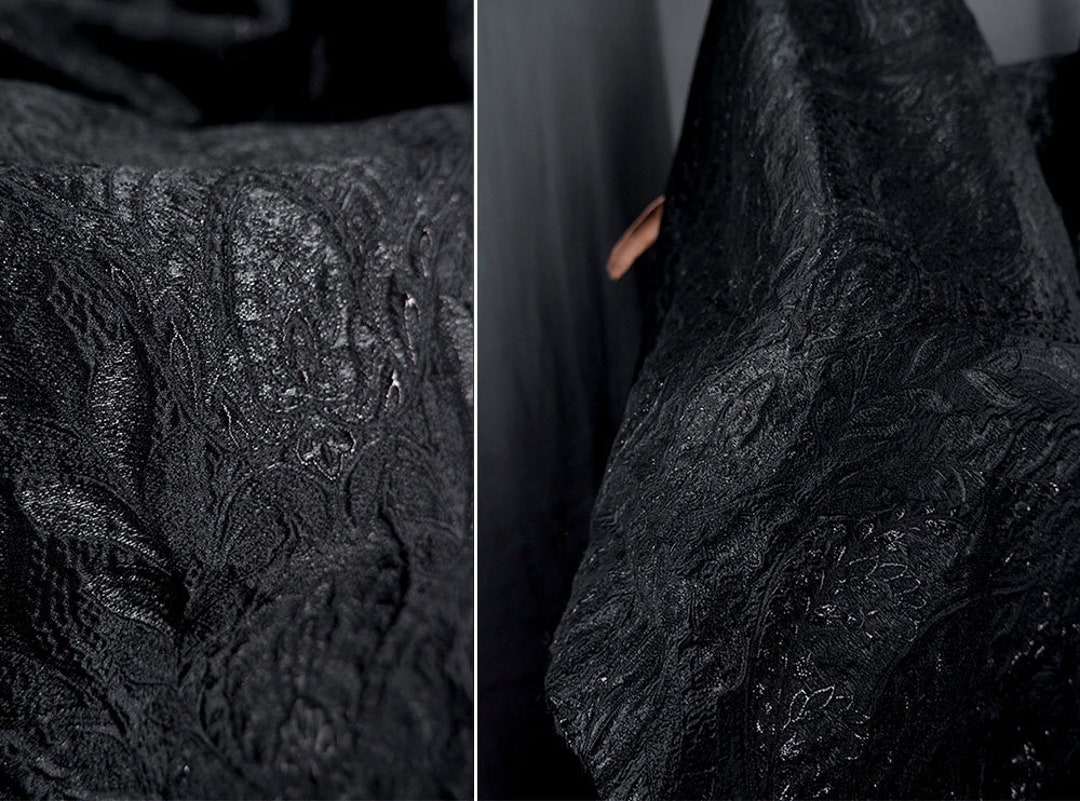 Luxury Black Fabric, Embossed Jacquard Fabric, Polyester Fabric, 55