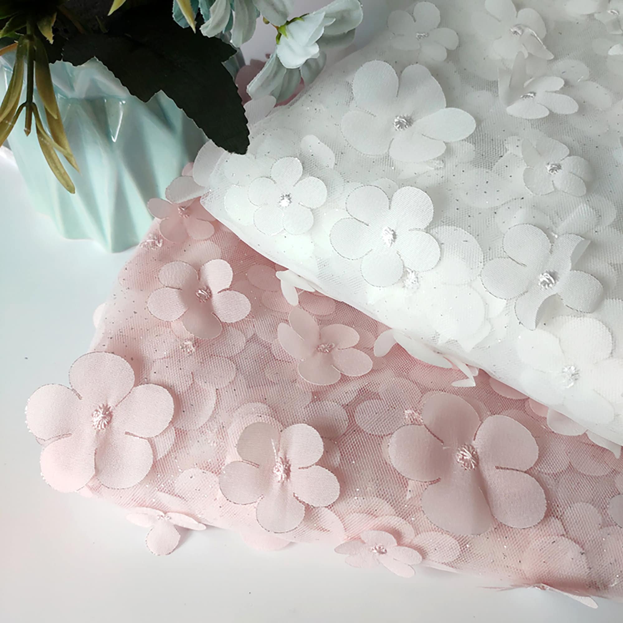 flower♡ Embroidered Lace Fabric, 3D Flower Tulle Fabric, White