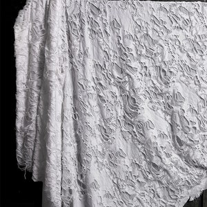 May include: White fabric with a distressed, ripped, and torn pattern. The fabric has a lace-like appearance with large holes throughout.