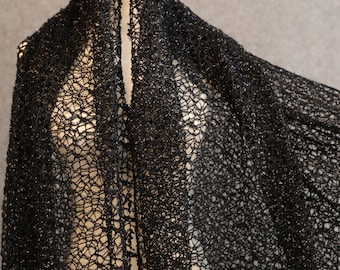 Pure Color Mesh Fabric- Black Woven Bright Silk mesh creative irregular hollow- wedding dress designer fabric - by the meter- D547