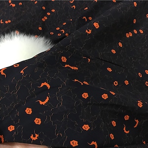 Pure mulberry silk fabric, Black dark grain silk Crepe de Chine fabric, Orange small flower pattern dress fabric, Shirt fabric, B115