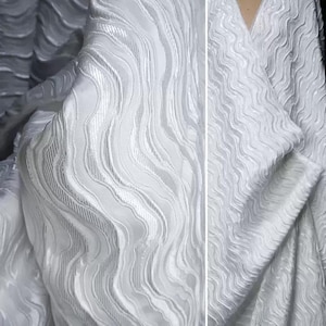 Water-Wave Textured Fabric, White Jacquard Fabric, Embossed Line Texture Fabric, Evening Dress Fabric, By the meter, D159
