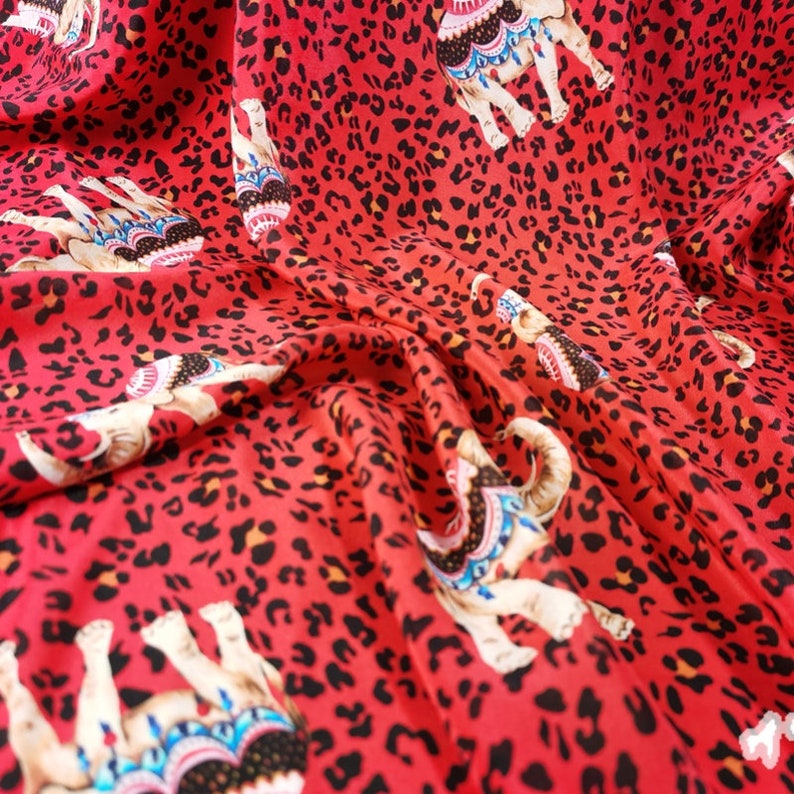 Real silk crepe de chine silk fabrics, Red pure mulberry silk fabric, Thai Elephant print silk dress fabric, shirt silk, by the meter, A58 image 5