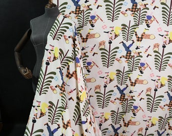 Sports people pattern silk fabric, Real silk linen blend fabric, Mulberry silk fabric, Printing plant dress fabric, by the meter, A62