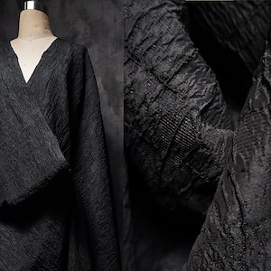 Black jacquard fabric, 3D Creases fold fabric, Pleated texture dust coat fabric, Wrinkled dress fabric, Designer fabric, by the meter, D105