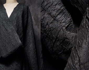Black jacquard fabric, 3D Creases fold fabric, Pleated texture dust coat fabric, Wrinkled dress fabric, Designer fabric, by the meter, D105