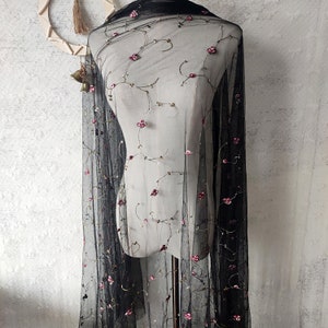 Black lace fabric, Rose embroidered fabric, Embroidered tulle fabric, Perspective fabric, Mesh fabric, Dress fabric, By the meter, C04-2