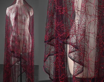 Red mesh fabrics, Irregular hollow out fabric, gauze fabric, bobbinet,lace full dress, costume designer wedding dress, by the meter, D265