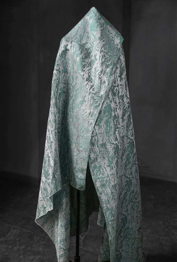 Wavy Jacquard Fabric, Luxury Green White Plain Fabric, Polyester Fabric, 55'' Width, Double-Sided Fabric, Designer Fabric, By The Yard, D237