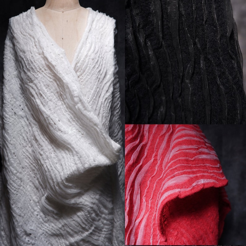 May include: Three samples of fabric with a crinkled texture. The first sample is white, the second is black, and the third is red.