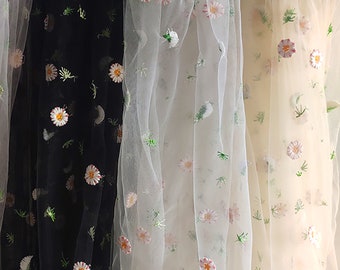 Daisy embroidered lace fabric, Black flower tulle fabric, Apricot gauze fabric, Orange floral curtain fabric, Pink Ballgown dress fabric,C51