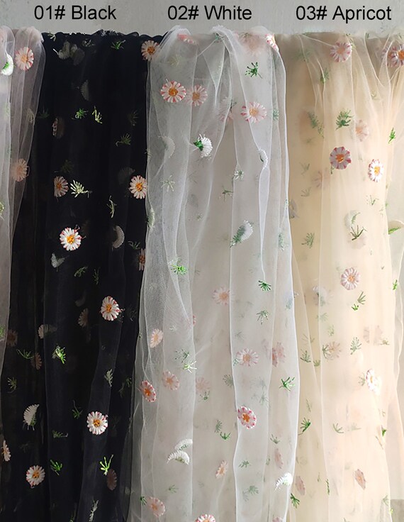 Daisy Embroidered Lace Fabric Black Flower Tulle Fabric Etsy