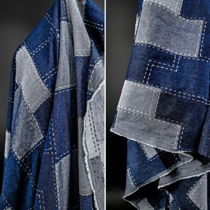 Blue white large square denim fabric- Irregular square stitching fabric- Washed denim fabric- By the Meter- D596