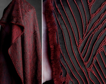 Rot Schwarzer Jacquard-Stoff, Reiner Polyester-Stoff, Stoff mit abstraktem Linienmuster, Hochwertiger Kleiderstoff, Designerstoff, Meterware, D623-1